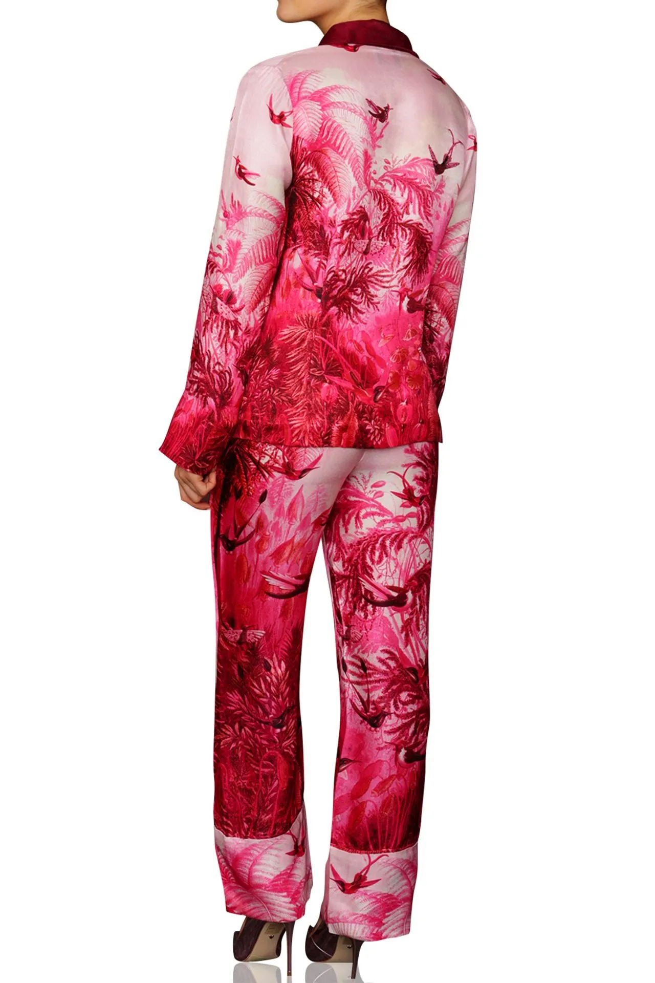 Floral Pint Silk Pants in Fuchsia