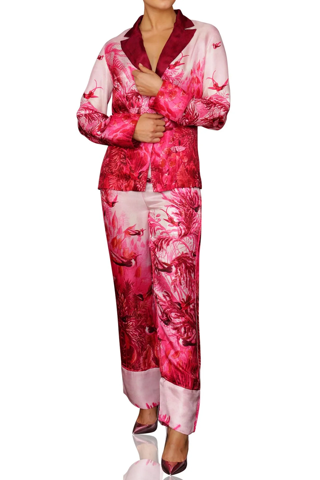 Floral Pint Silk Pants in Fuchsia