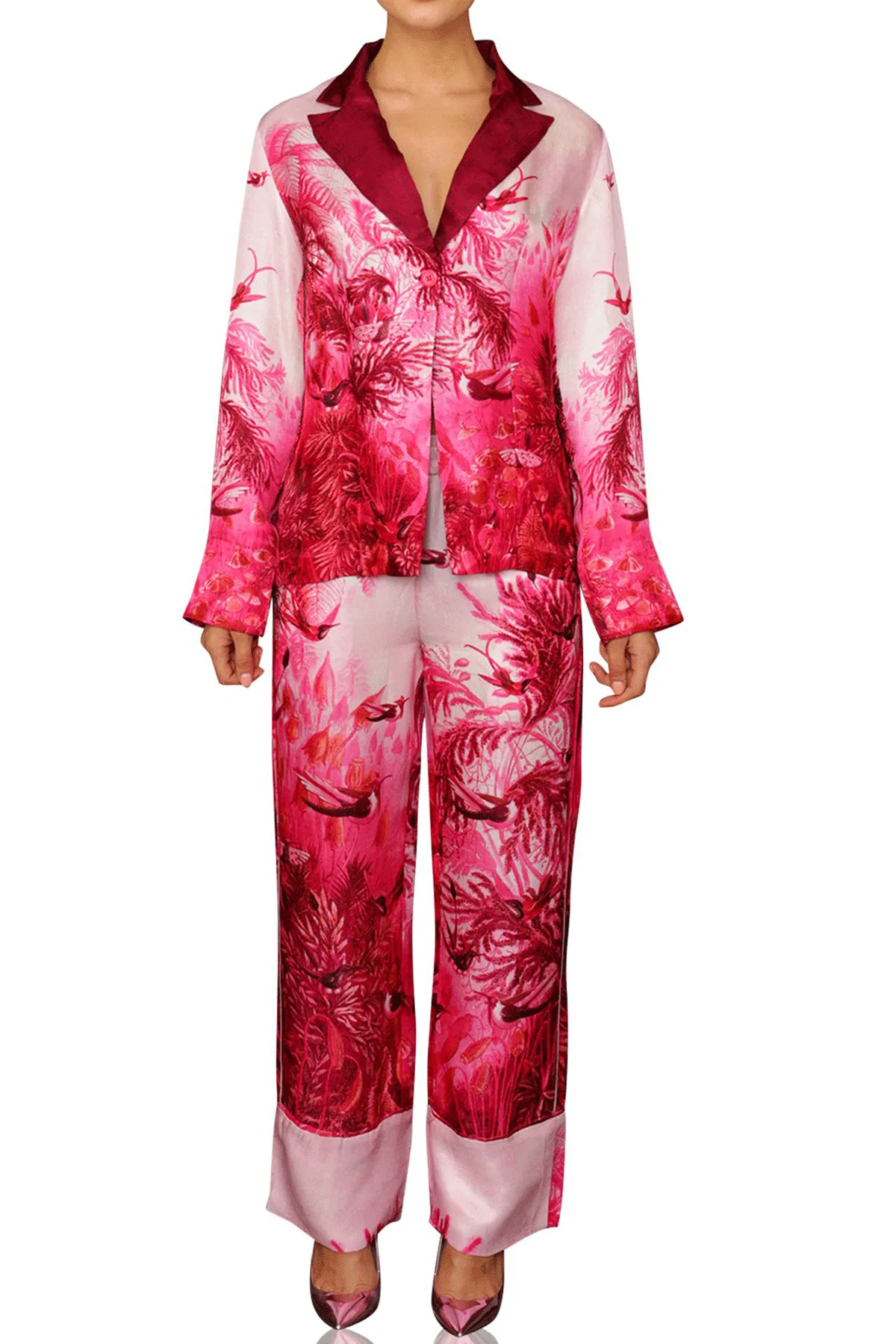 Floral Pint Silk Pants in Fuchsia