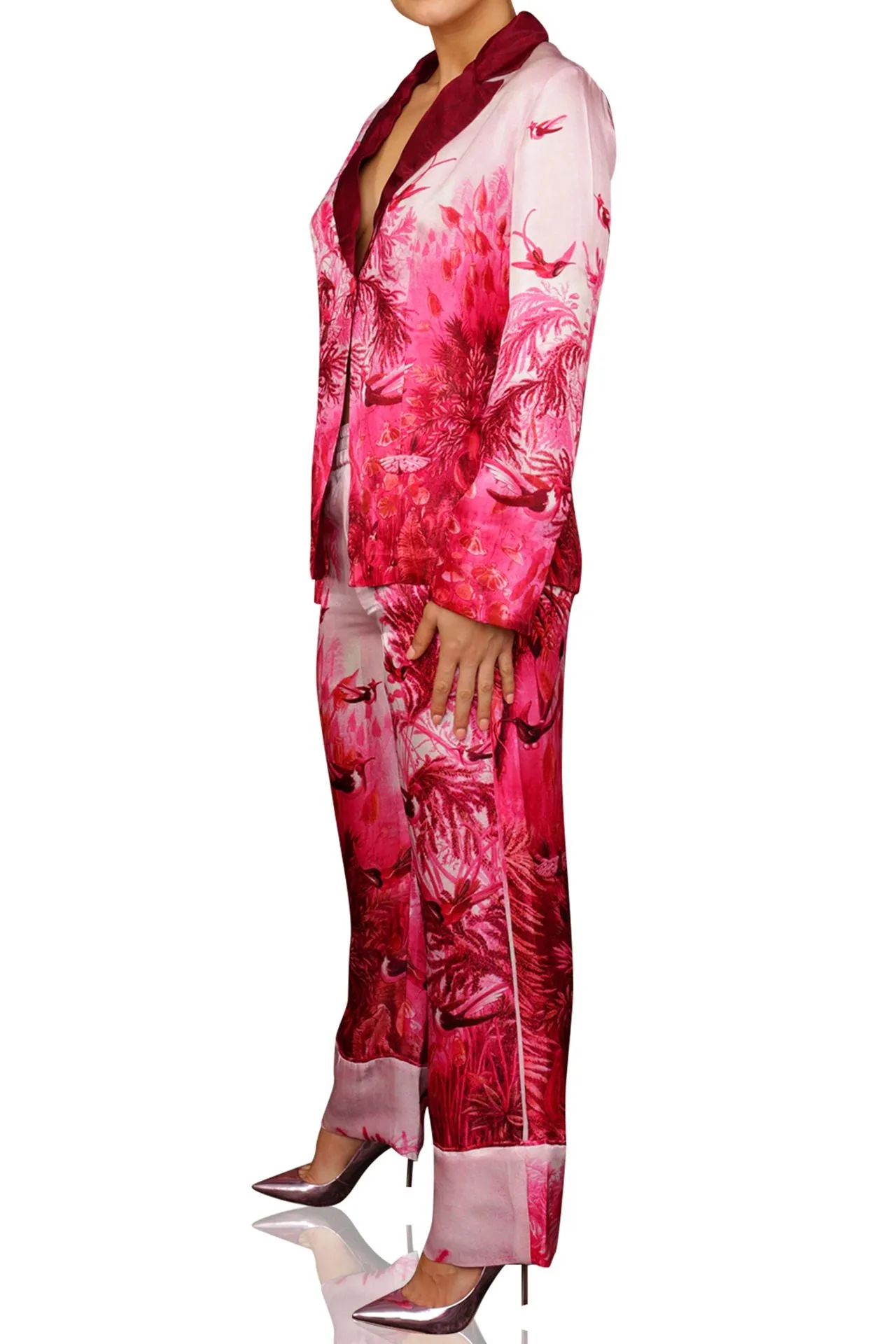 Floral Pint Silk Pants in Fuchsia