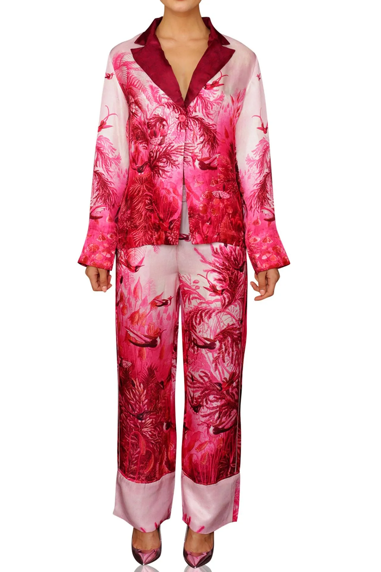 Floral Pint Silk Pants in Fuchsia