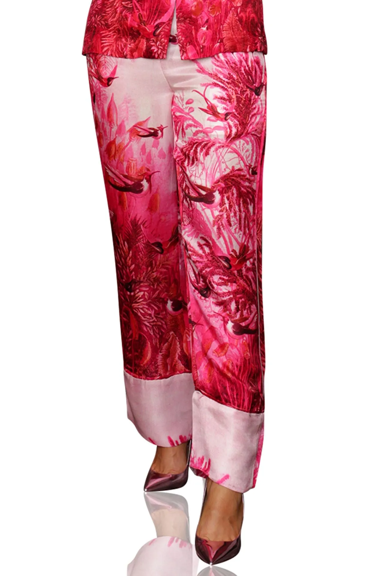 Floral Pint Silk Pants in Fuchsia