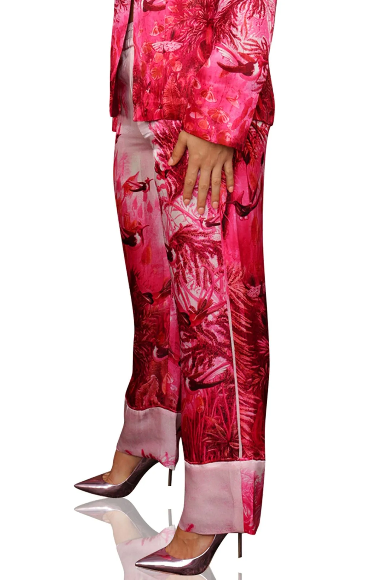Floral Pint Silk Pants in Fuchsia
