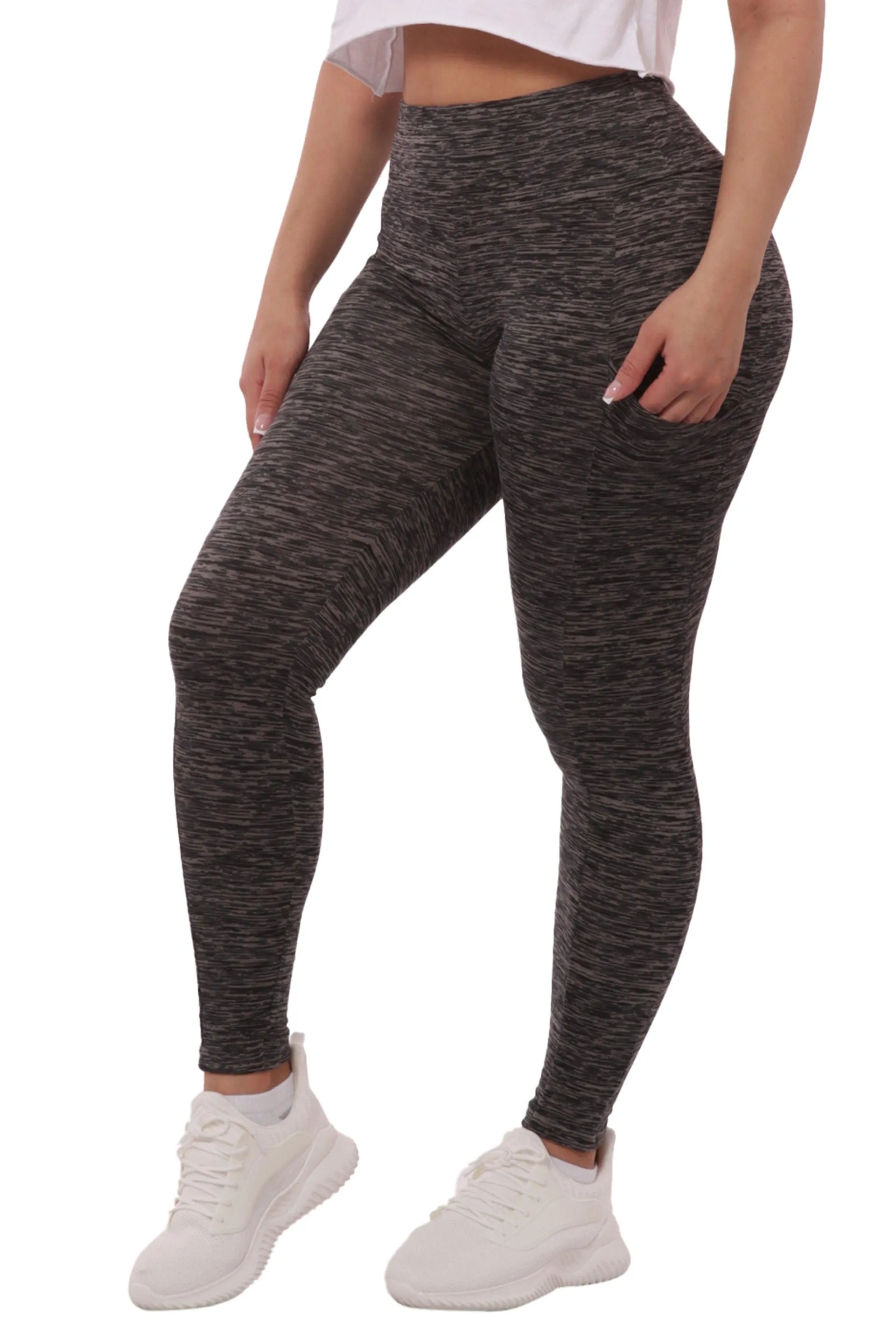 High Waist Fleece Lined Leggings With Side Pockets - Black & Grey Space Dye
