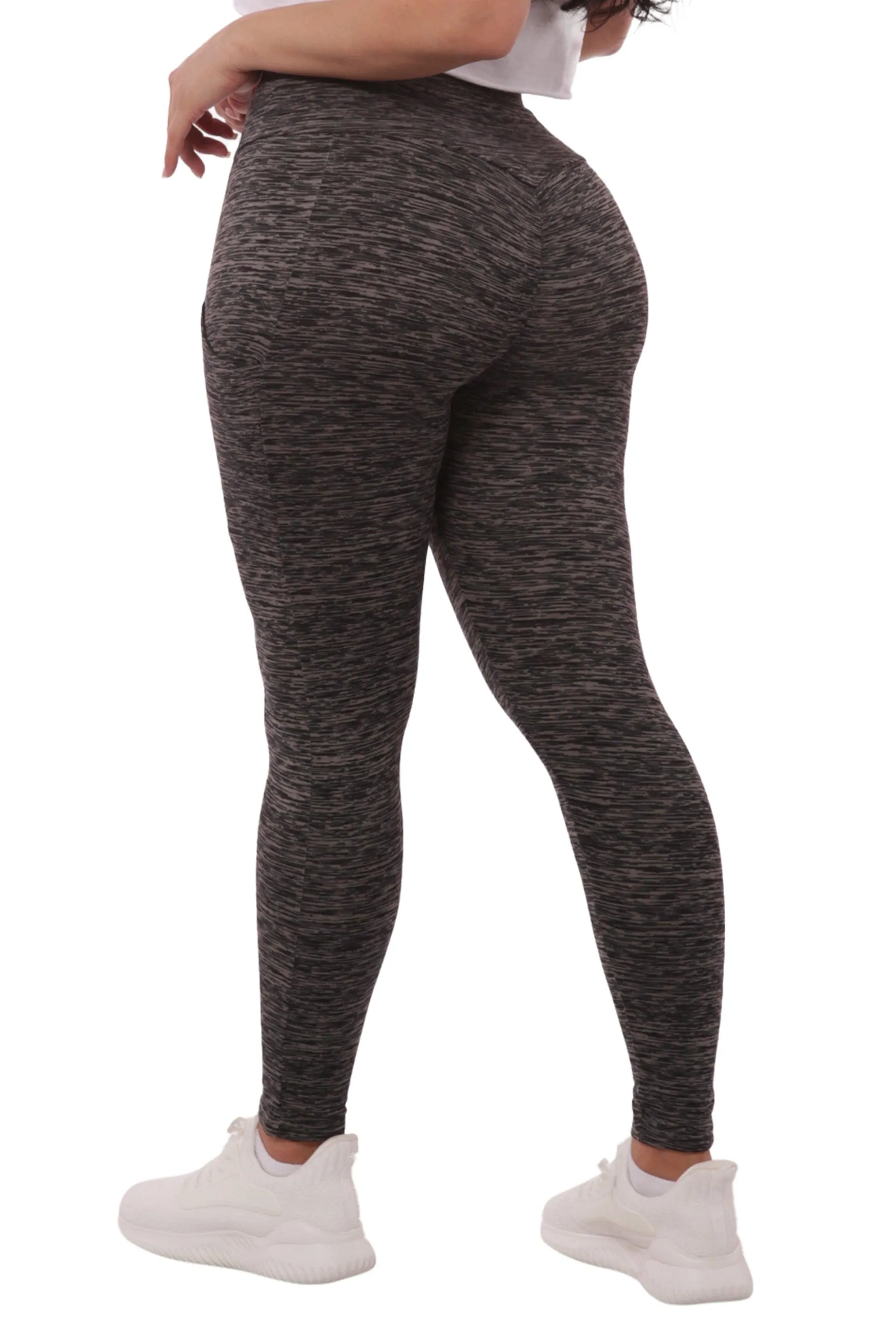 High Waist Fleece Lined Leggings With Side Pockets - Black & Grey Space Dye