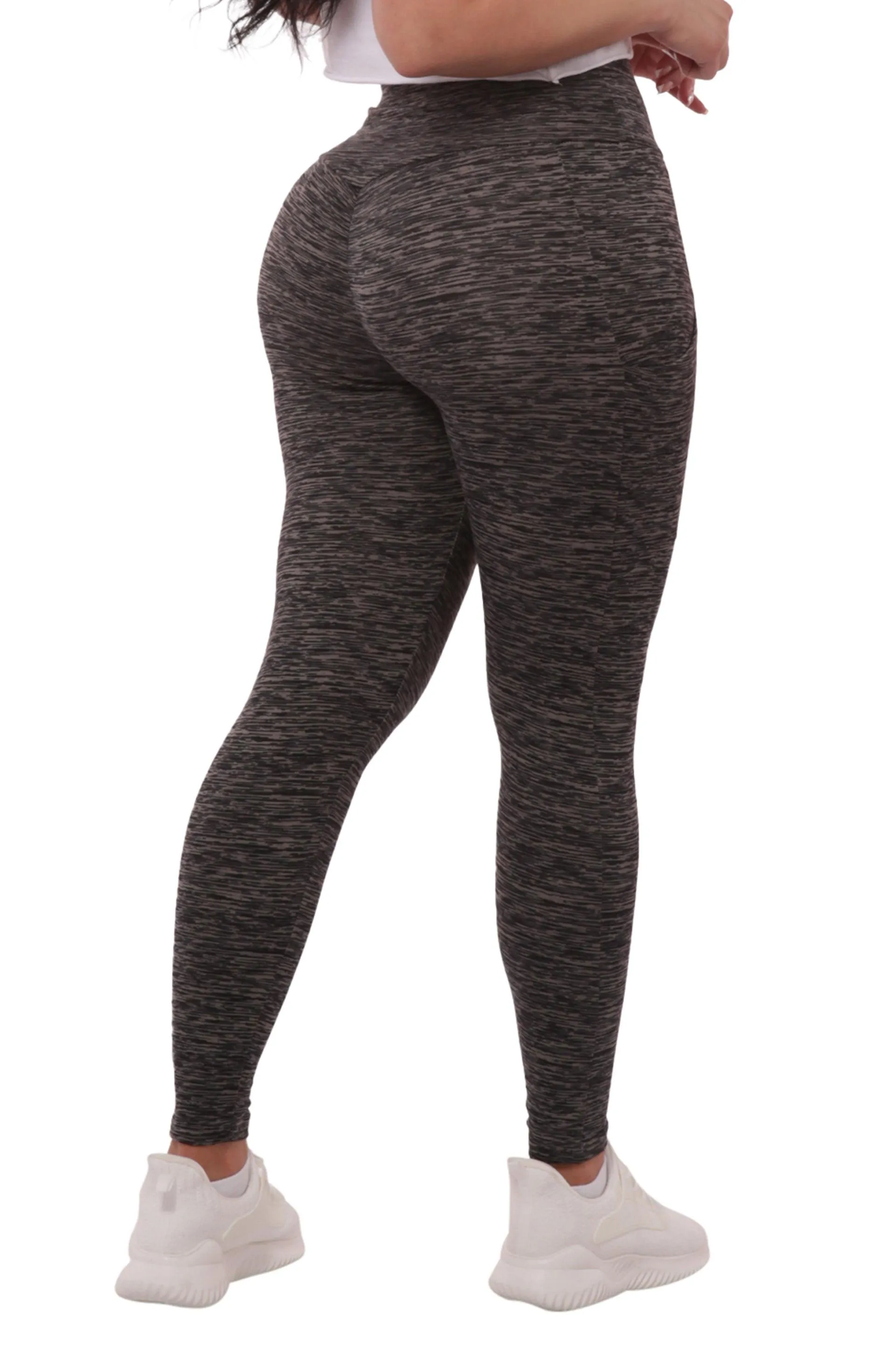 High Waist Fleece Lined Leggings With Side Pockets - Black & Grey Space Dye
