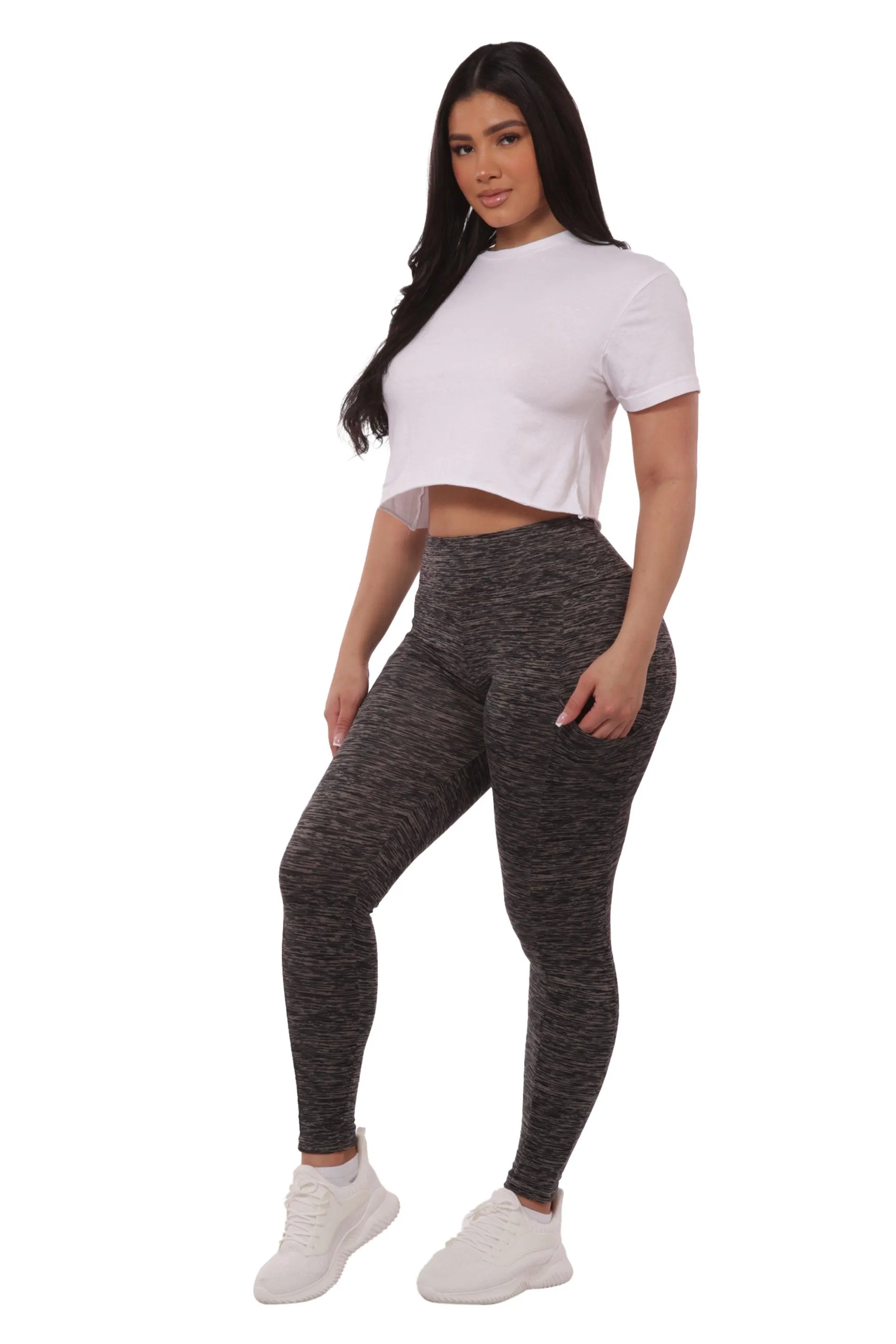 High Waist Fleece Lined Leggings With Side Pockets - Black & Grey Space Dye