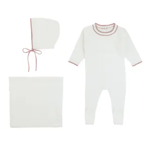 Rommp Pink Trim Outline White Knit Onesie w/Bonnet