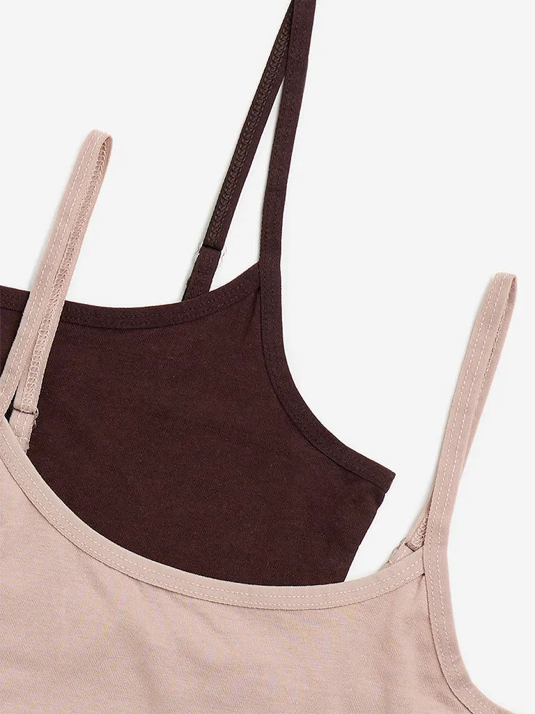 Y&F Kids Brown Solid Cotton Blend Crop Tops - Pack of 2