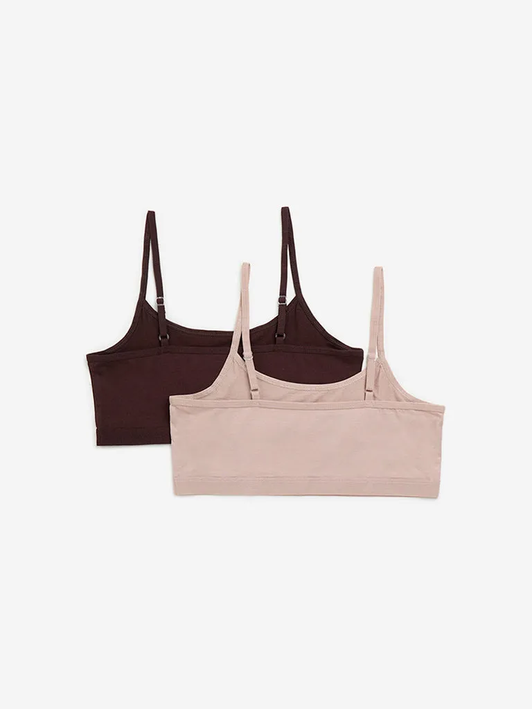 Y&F Kids Brown Solid Cotton Blend Crop Tops - Pack of 2